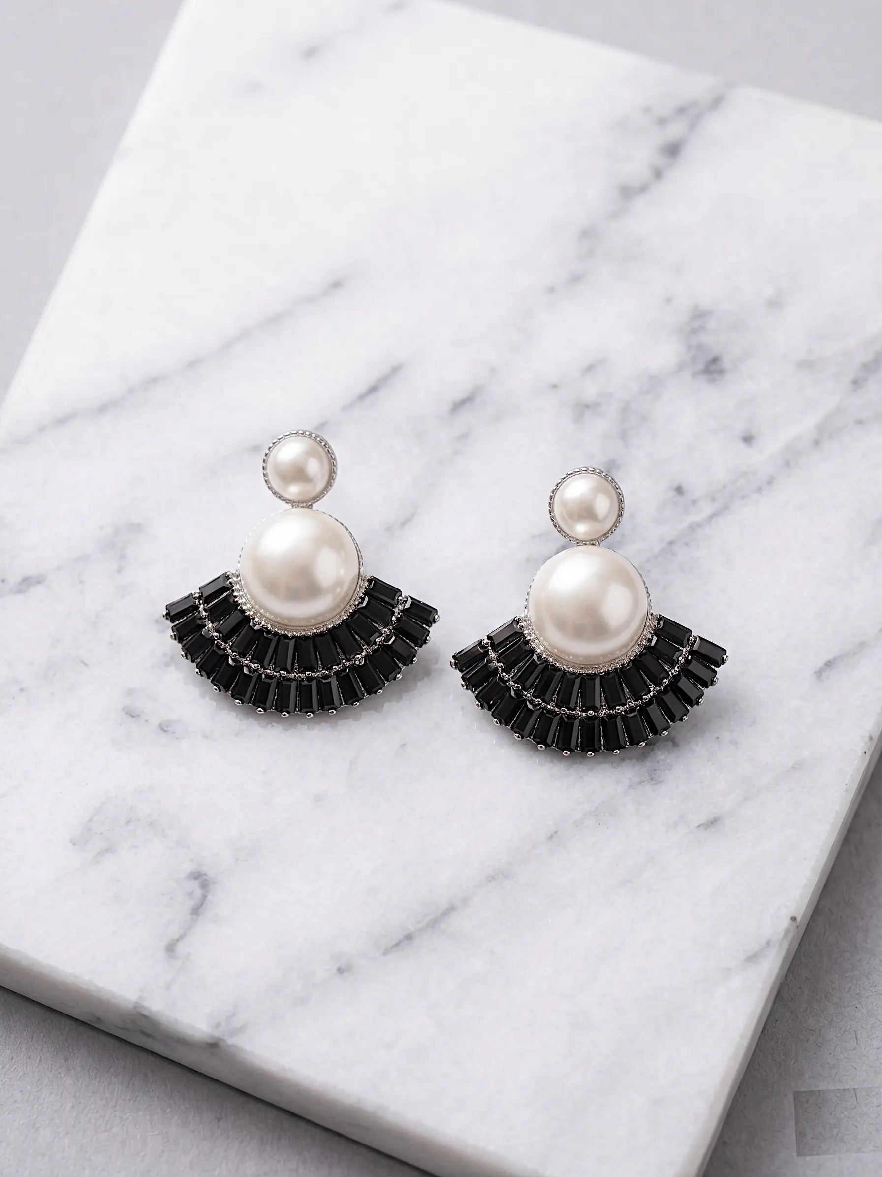Art Deco Fan Pearl Studs – Tiered Baguette Sunburst Earrings - BLACK - Image 2