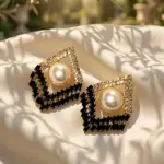 Deco Rhombus Pearl Drop Earrings – BLACK