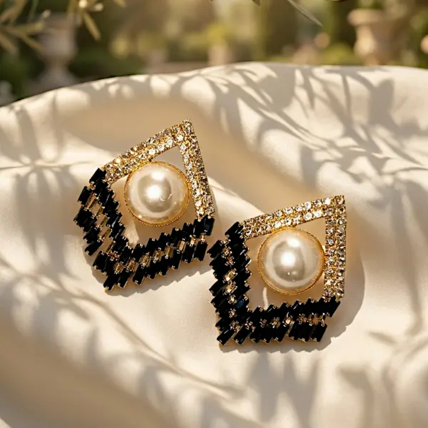 Deco Rhombus Pearl Drop Earrings – BLACK