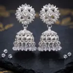 Silver floral crystal jhumka earrings with clear bead drops