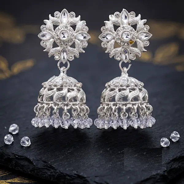 Silver floral crystal jhumka earrings with clear bead drops