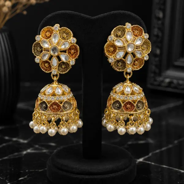 Antique gold Kundan floral jhumka earrings with pearl drops
