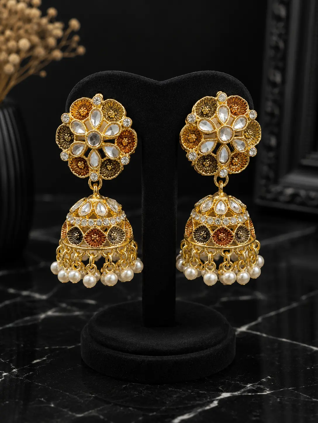 Antique gold Kundan floral jhumka earrings with pearl drops