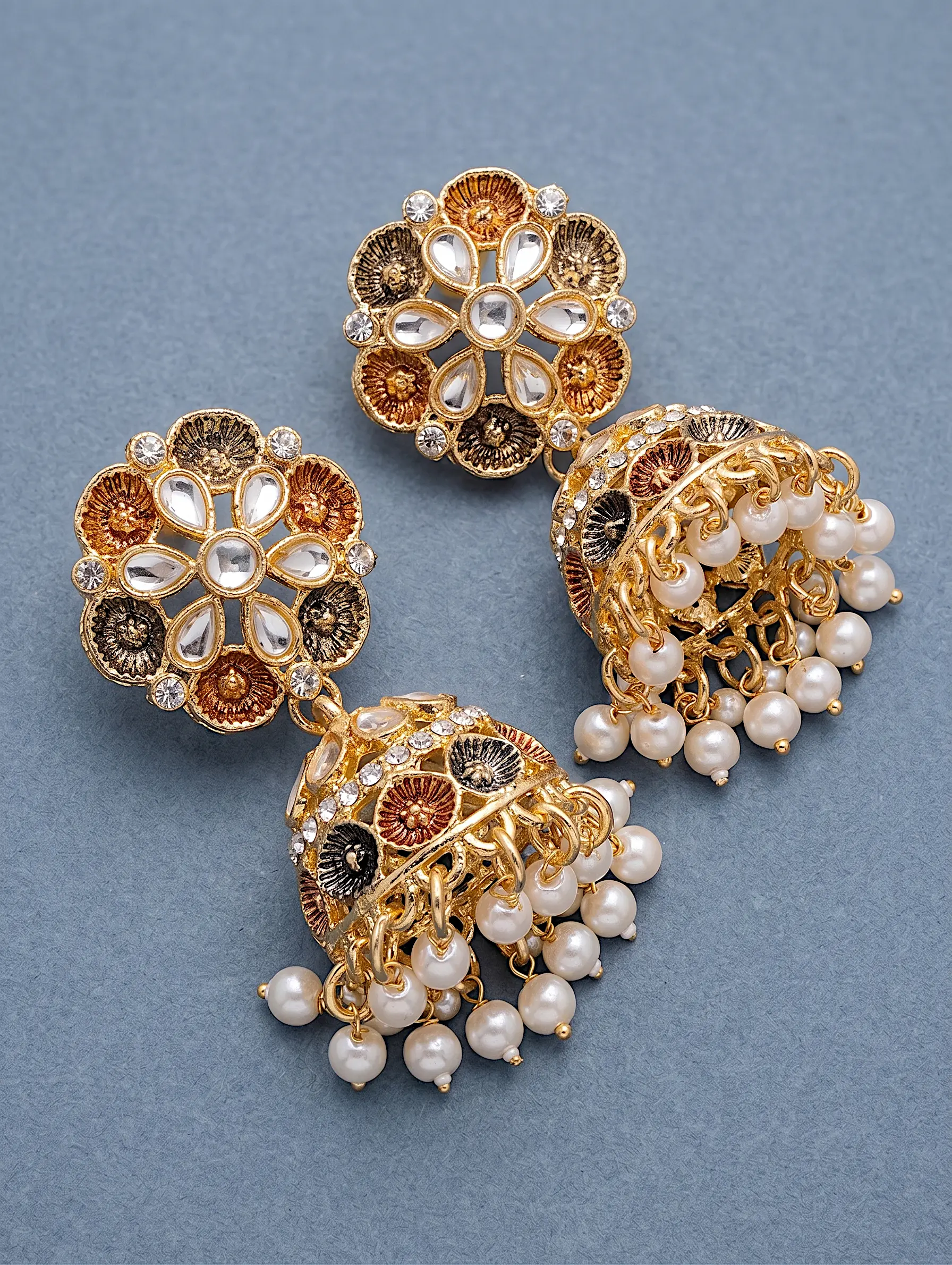 Antique gold Kundan floral jhumka earrings with pearl drops