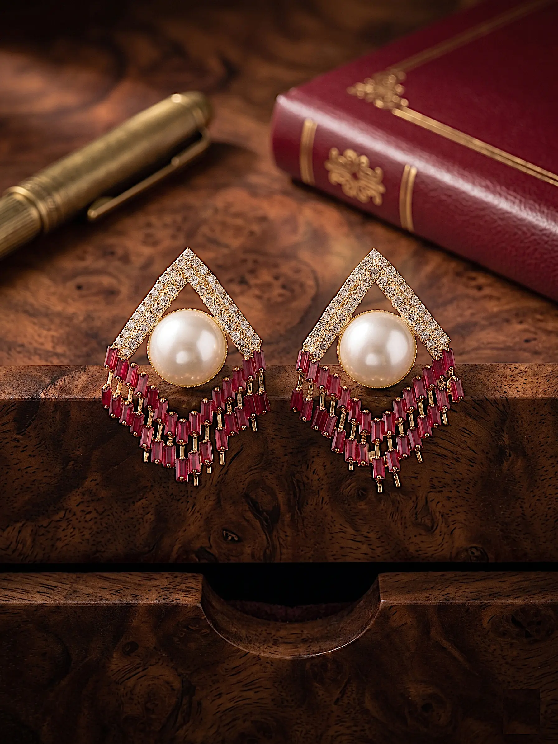 Deco Rhombus Pearl Drop Earrings – RED - Image 2