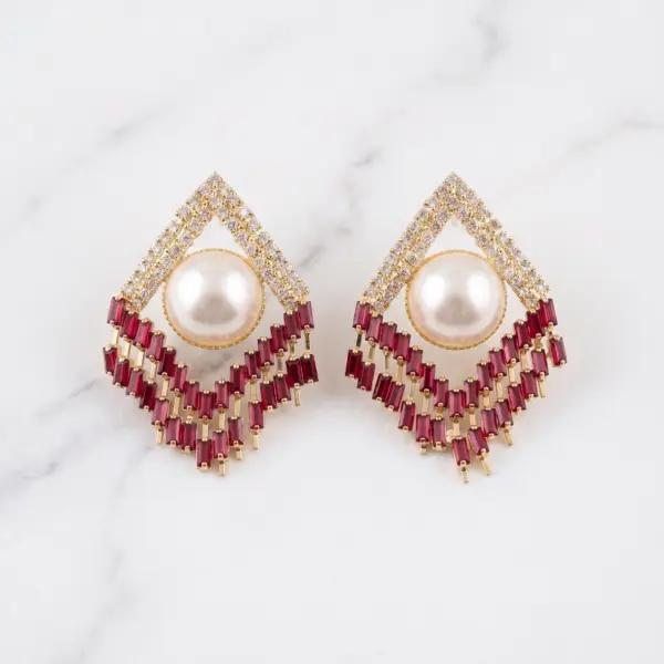 Deco Rhombus Pearl Drop Earrings – RED