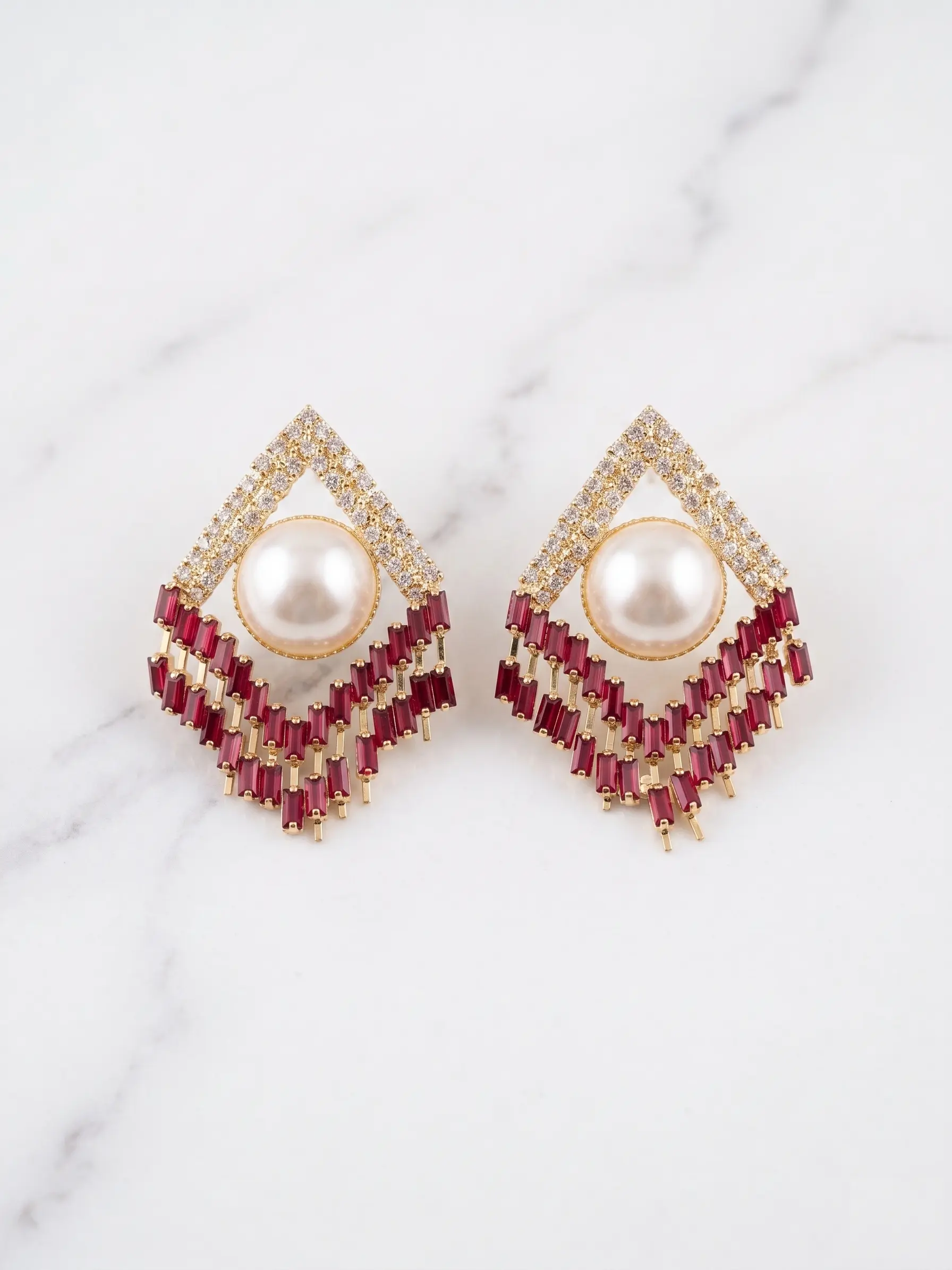 Deco Rhombus Pearl Drop Earrings – RED