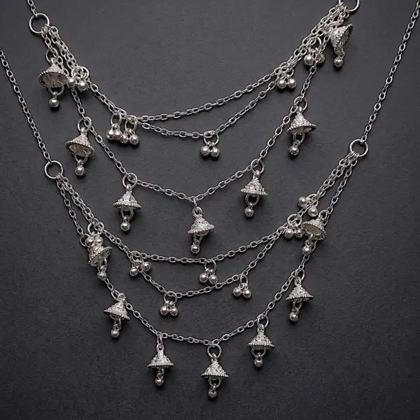Silver multi layered jhumki sahara hair chains with mini bell charms