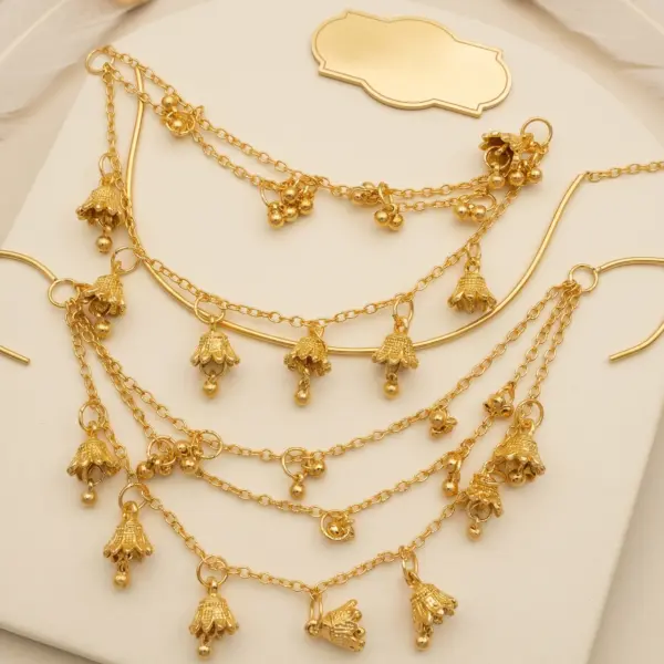 Gold multi layered jhumki sahara hair chains with mini bell charms