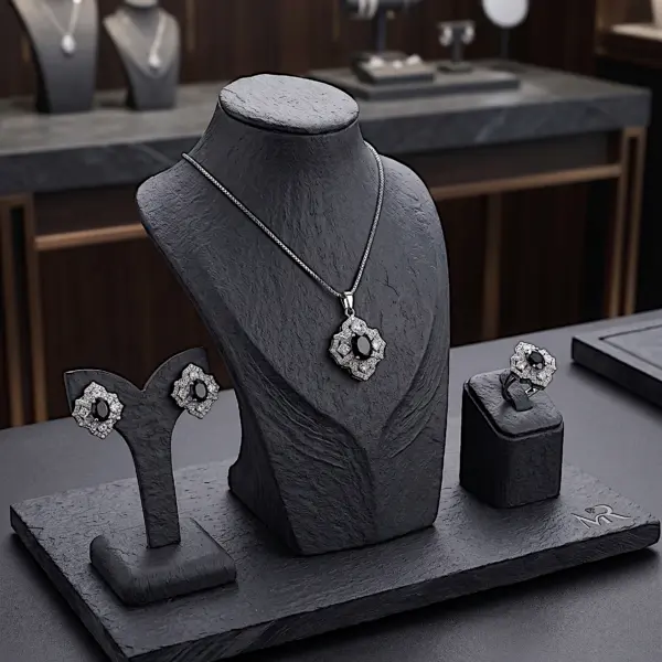 Black Crystal Vintage Jewelry Set Silver
