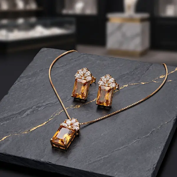 Amber Emerald Cut Pendant Set Gold
