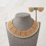 Gold broad mesh pearl choker necklace and matching round stud earrings