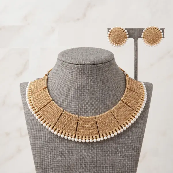 Gold broad mesh pearl choker necklace and matching round stud earrings