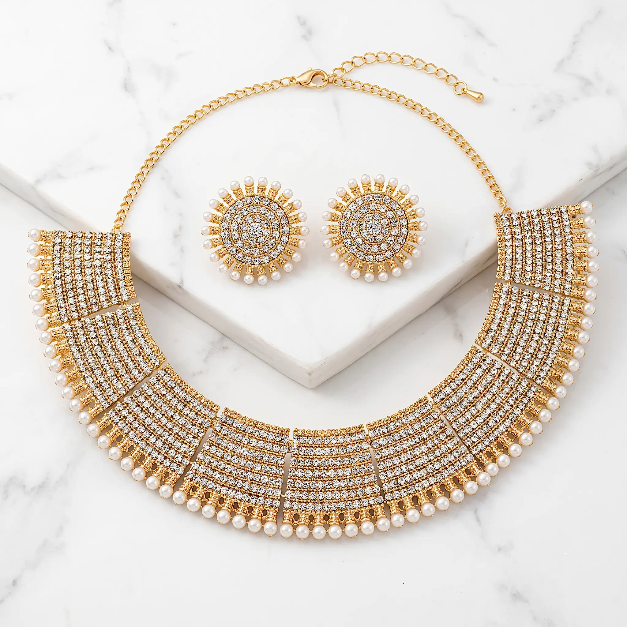 Gold wide mesh pearl choker necklace with extension chain and matching round stud earrings