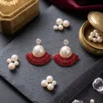 Art Deco Fan Pearl Studs – Tiered Baguette Sunburst Earrings - RED