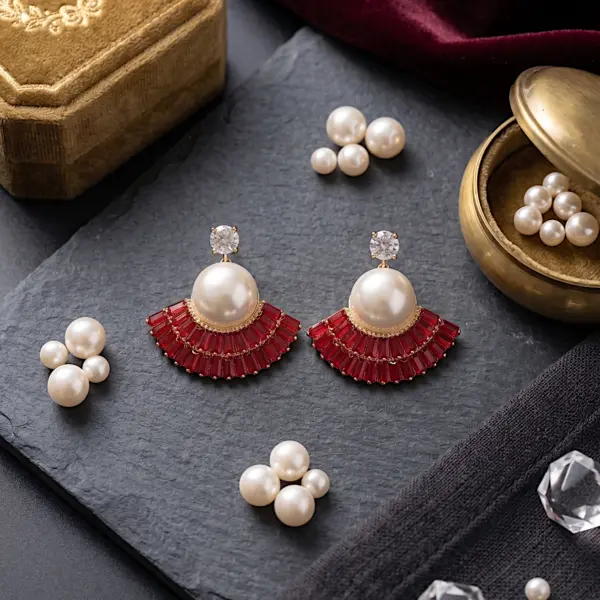 Art Deco Fan Pearl Studs – Tiered Baguette Sunburst Earrings - RED