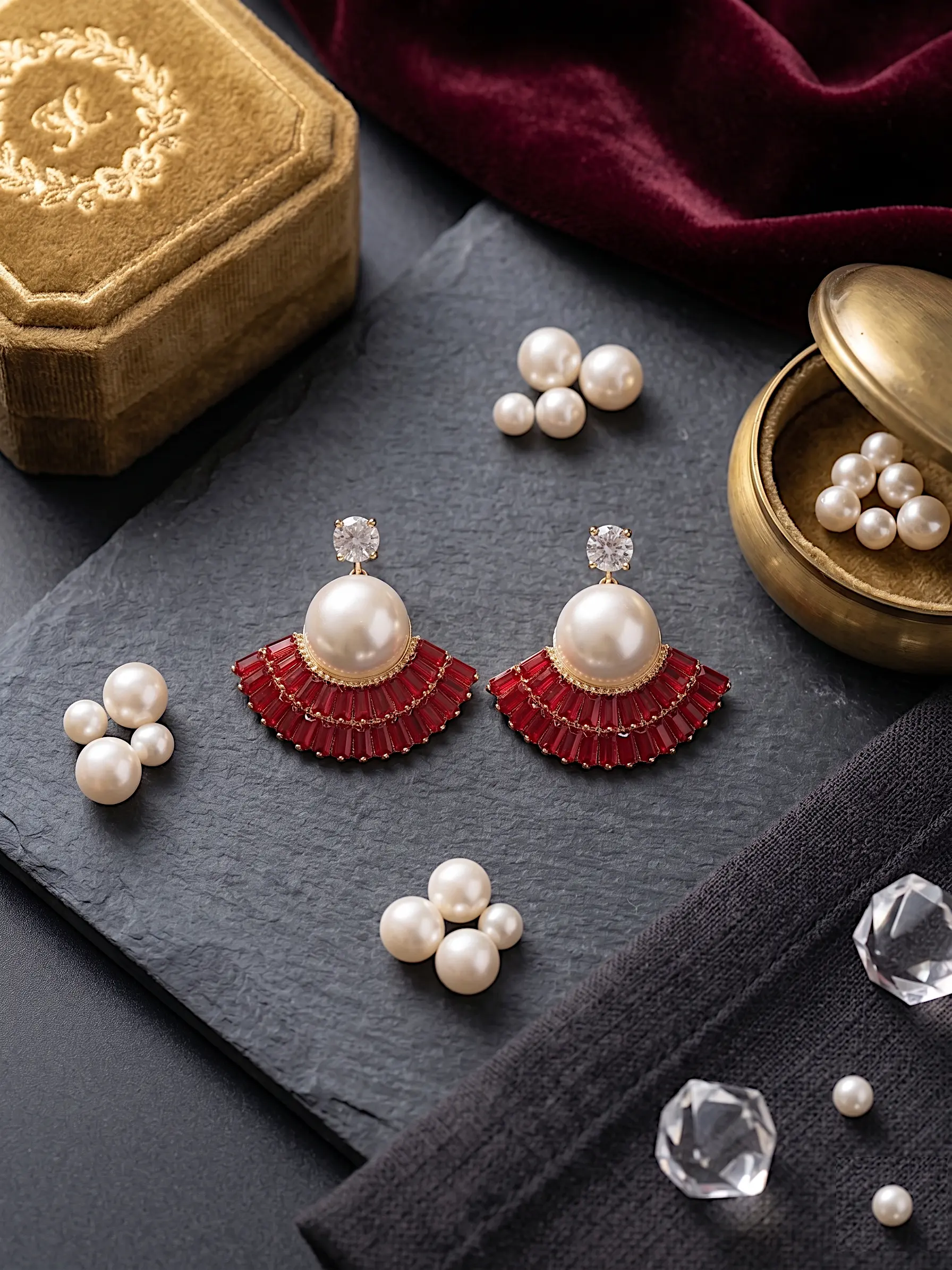 Art Deco Fan Pearl Studs – Tiered Baguette Sunburst Earrings - RED