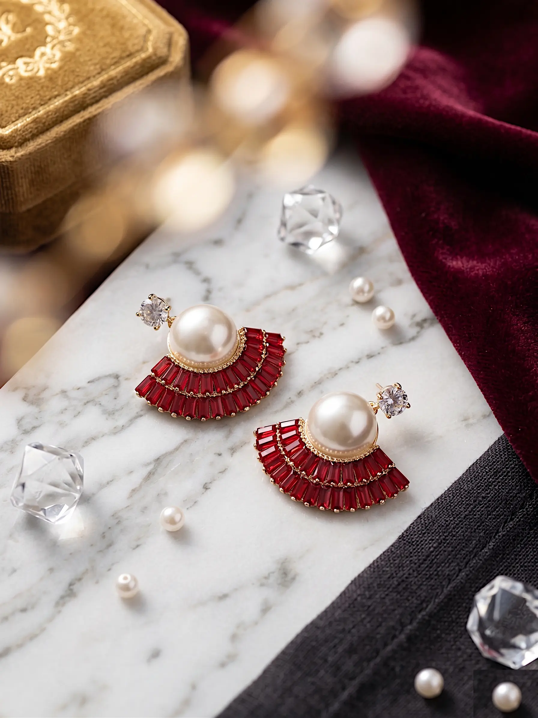 Art Deco Fan Pearl Studs – Tiered Baguette Sunburst Earrings - RED - Image 2