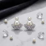 Art Deco Fan Pearl Studs – Tiered Baguette Sunburst Earrings - WHITE