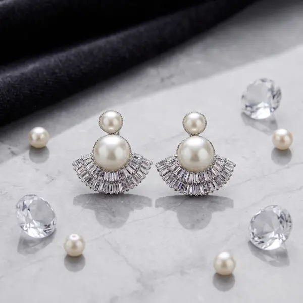 Art Deco Fan Pearl Studs – Tiered Baguette Sunburst Earrings - WHITE