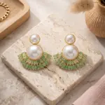Art Deco Fan Pearl Studs – Tiered Baguette Sunburst Earrings - GREEN