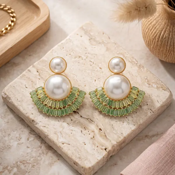 Art Deco Fan Pearl Studs – Tiered Baguette Sunburst Earrings - GREEN