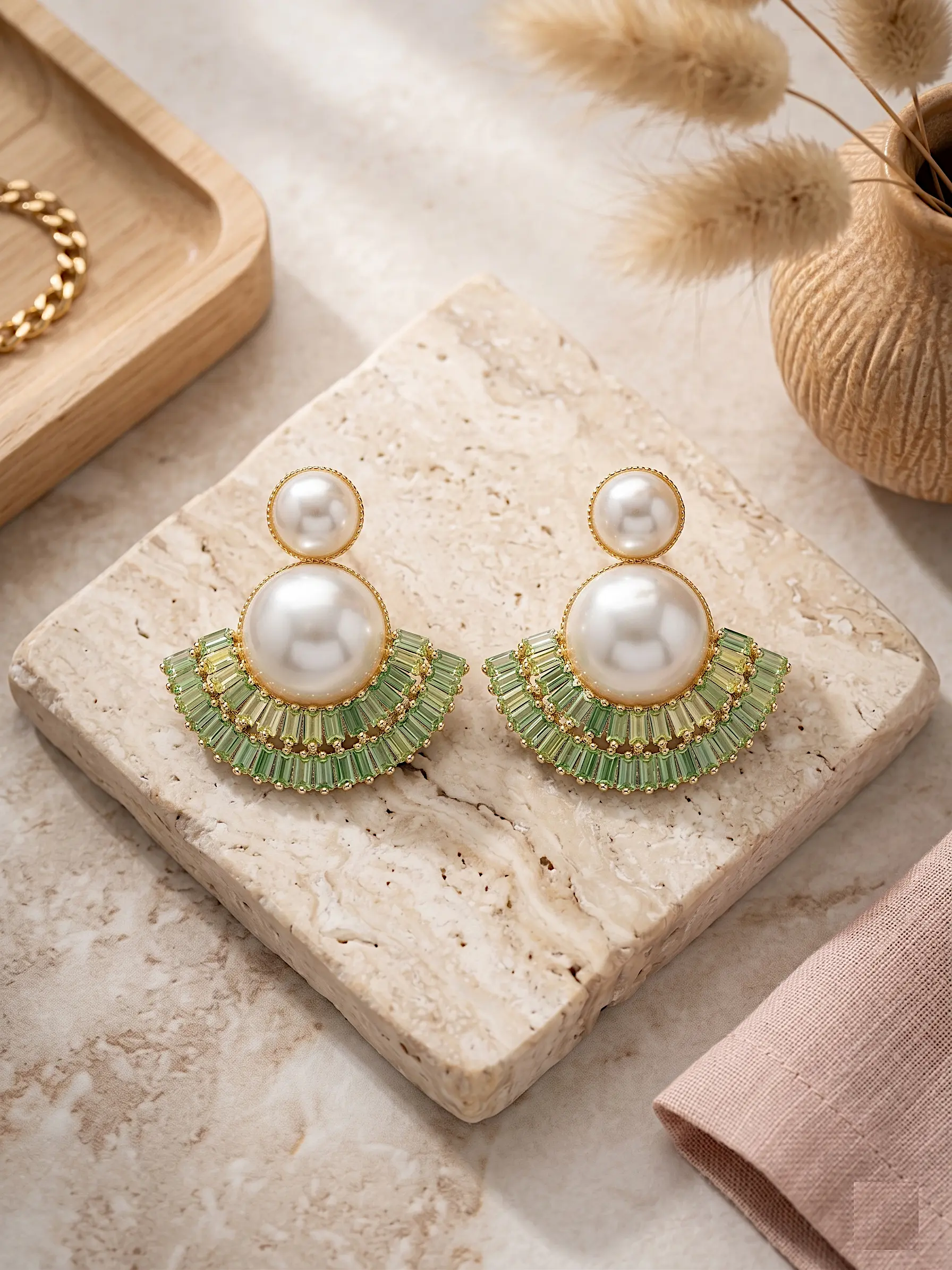 Art Deco Fan Pearl Studs – Tiered Baguette Sunburst Earrings - GREEN