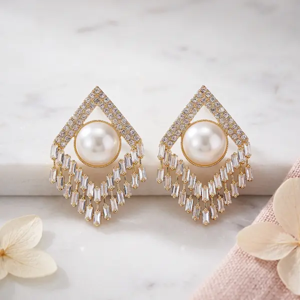 Deco Rhombus Pearl Drop Earrings – WHITE