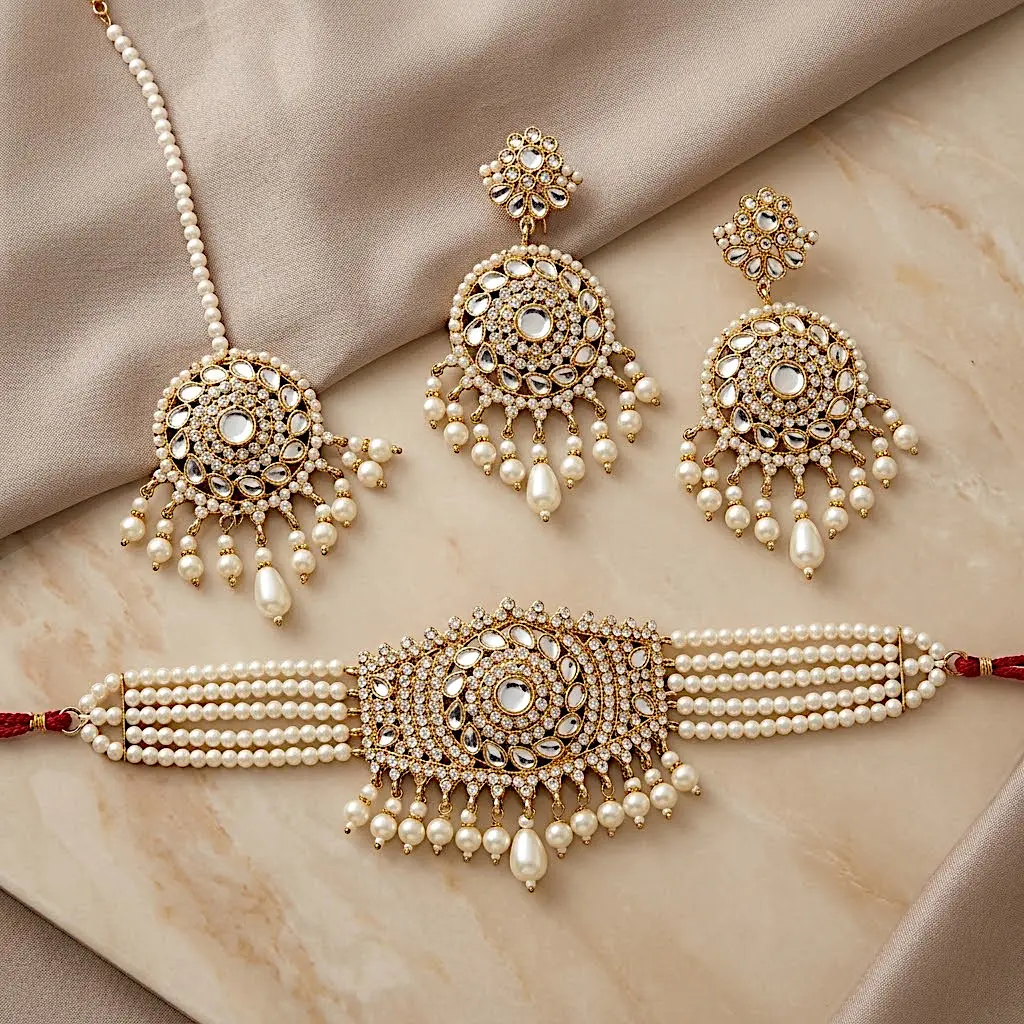 Bridal Kundan jewelry set featuring a multi-strand pearl choker necklace, matching circular drop earrings