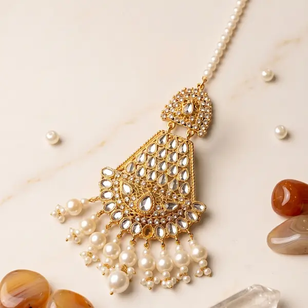 Traditional gold plated bridal Kundan Jhumar passa with hanging pearl drops and pearl chain strand